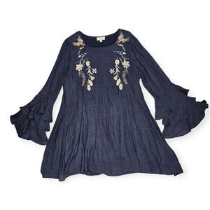 Umgee Blue‎ Floral Embroidered Stacked Ruffle Long Sleeve Tunic Women's Size S